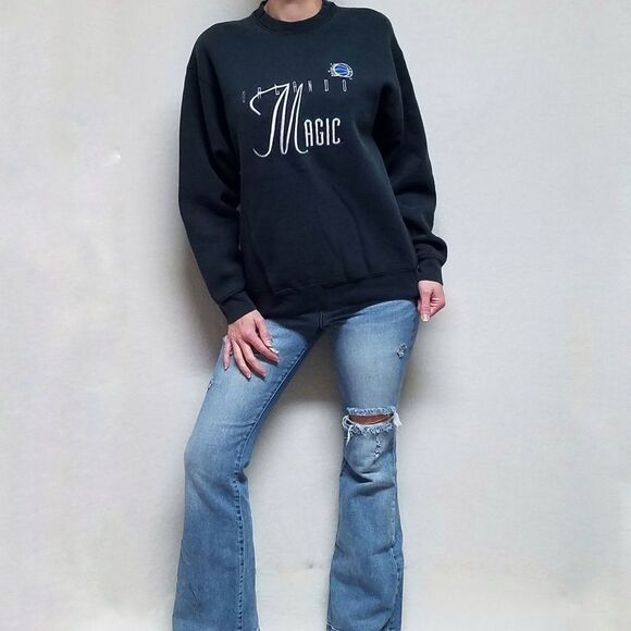 VINTAGE 1980s Front Row Orlando Magic Black Printed USA Made Warm Sweatshirt Med - Picture 2 of 14